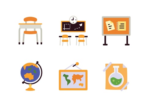 Student Desk, Classroom, Bulletin Board, Earth Globe, World Map, Poster Lab Flat Color Icons vector