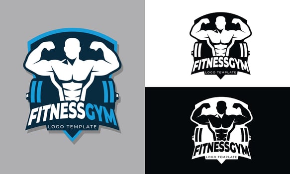 Minimalist Fitness Logo with Barbell and Muscular Man. 2D in Blue Tones for Gym and Training Brands vector