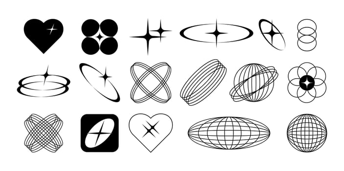 Modern retro futuristic geometric shapes,y2k brutalism hearts and stars vector