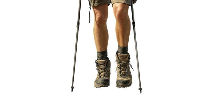 Hiker'S Legs With Trekking Poles And Boots. Outdoor Adventure And Hiking Gear Isolated On Transparent Background png