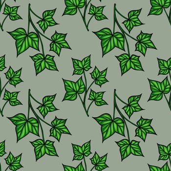 A seamless pattern featuring various green ivy leaves on a muted green background. The leaves are intricately detailed with dark outlines, creating a natural and organic feel. vector