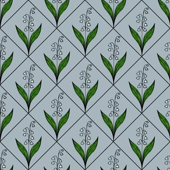 A seamless floral pattern featuring stylized lily of the valley flowers with green leaves on a light blue background. The design is symmetrical and repetitive, creating a harmonious look. vector