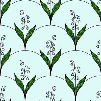 A seamless pattern featuring stylized lily of the valley flowers with green leaves on a light blue background. The design is repetitive and elegant, suitable for textiles or wallpapers. vector