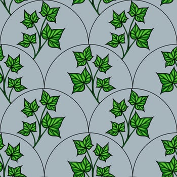 A seamless pattern featuring green ivy leaves on a lightblue background, arranged in a circular design. The leaves are detailed and vibrant, creating a natural and fresh aesthetic. vector