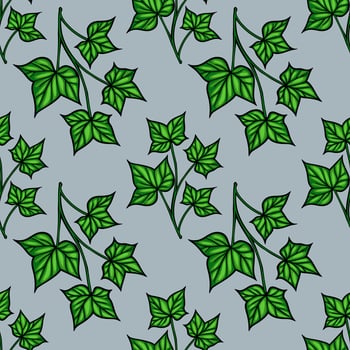 A seamless pattern featuring various green ivy leaves on a lightblue background. The leaves are illustrated with fine outlines, showcasing their intricate shapes and textures. vector