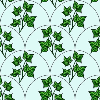 A seamless pattern featuring green ivy leaves arranged in circular sections on a light blue background. The design is intricate and botanical, suitable for textiles or wallpapers. vector