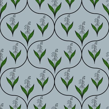 A seamless pattern featuring stylized lily of the valley flowers with green leaves on a light blue background, enclosed in circular outlines. vector