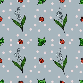 A seamless pattern featuring ladybugs, green leaves, and lily of the valley flowers on a light blue background with polka dots. vector