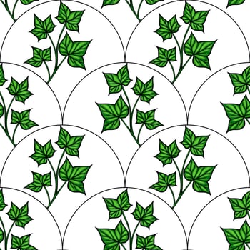 A seamless pattern featuring green ivy leaves arranged in circular shapes on a white background. The design is vibrant and suitable for various decorative purposes. vector