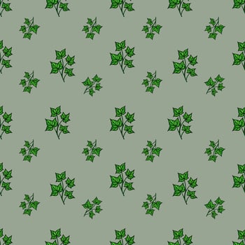 A seamless pattern featuring green ivy leaves on a muted green background. The leaves are illustrated with varying shades of green, creating a natural and organic feel. vector