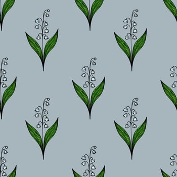 A seamless pattern featuring delicate lily of the valley flowers with green leaves on a soft blue background. vector