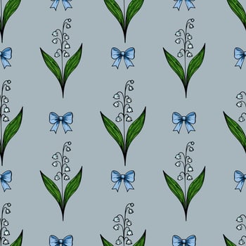 A seamless pattern featuring stylized lily of the valley flowers with green leaves and blue bows on a lightblue background. vector