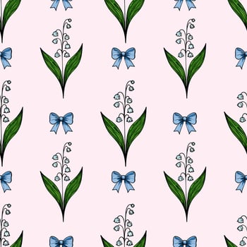 A seamless pattern featuring stylized lily of the valley flowers with green leaves and blue bows on a light pink background. vector