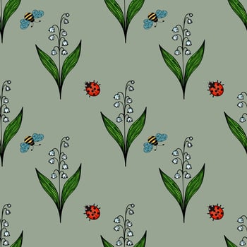 A seamless pattern featuring green leaves, white lily of the valley flowers, blue bees, and red ladybugs on a soft green background. vector