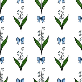 A seamless pattern featuring stylized lily of the valley flowers with green leaves and blue bows on a white background. vector