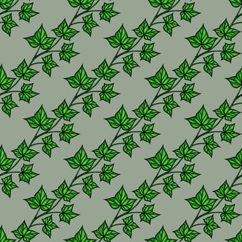 A seamless pattern featuring green ivy leaves on a muted green background. The design showcases various sizes and orientations of the leaves, creating a natural and organic feel. vector