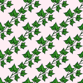 A seamless pattern featuring green ivy leaves on a soft pink background. The leaves are detailed and vibrant, creating a natural and fresh aesthetic. vector