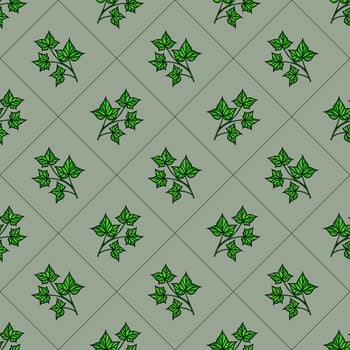 A seamless pattern featuring green ivy leaves on a muted green background. The design is repetitive, showcasing various arrangements of the leaves. vector
