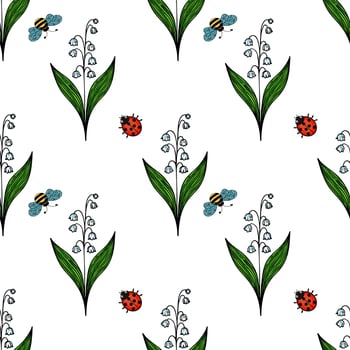 A seamless pattern featuring stylized flowers, bees, and ladybugs. The design includes green leaves, white lily of the valley flowers, blue bees, and red ladybugs on a white background. vector