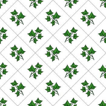 A seamless pattern featuring green ivy leaves on a white background, arranged in a diamond layout. The design is vibrant and suitable for textiles or wallpapers. vector