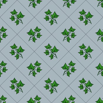 A seamless pattern featuring green ivy leaves on a lightblue background. The design is repetitive, showcasing various arrangements of the leaves in a grid layout. vector