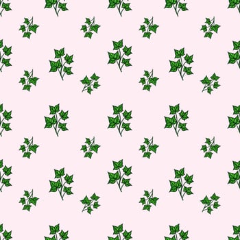 A seamless pattern featuring green ivy leaves on a soft pink background. The design is repetitive and ideal for textiles or wallpaper. vector