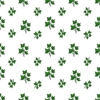 A seamless pattern featuring green ivy leaves on a white background. The leaves are detailed and arranged in a repetitive design, creating a fresh and natural look. vector