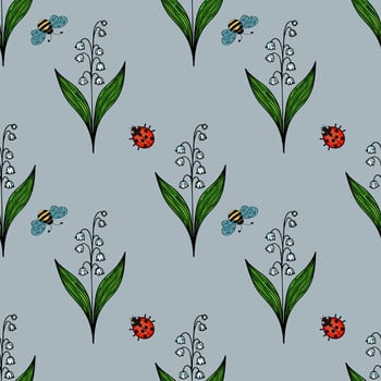 A seamless pattern featuring stylized lily of the valley flowers, bees, and ladybugs on a light blue background. vector