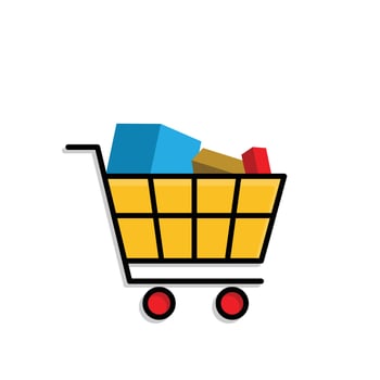 Shopping cart icon. E-commerce and promotions. Hand basket with wheels and items on it. End of year, sale, buy. Isometric design style. vector
