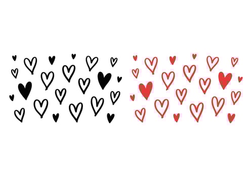 Black hand drawn heart shapes adjoin red outlined hearts against a white background vector
