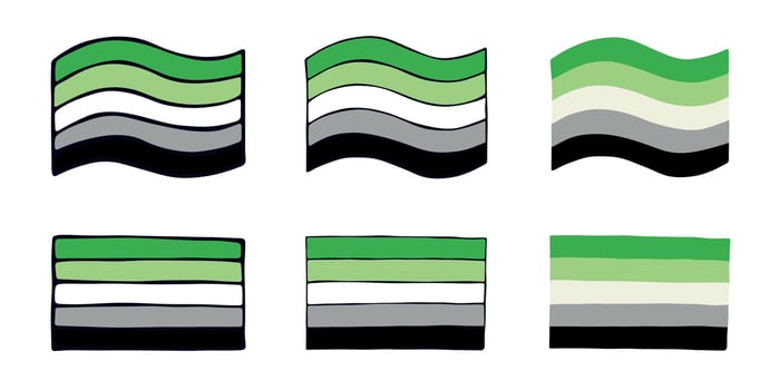 eleven Set of colorful Aromantic pride flag Happy pride day LGBTQIA community Pride Month hand drawn doodle for posters, stickers, logo, cards vector