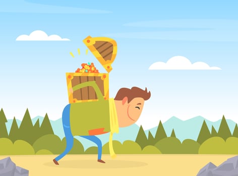 Treasure hunter carrying gold chest vector