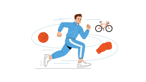 Man in Tracksuit Running with Sports Equipment Basketball, Bicycle, and Boxing Gloves Fitness, Exercise, and Active Lifestyle Illustration vector