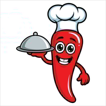 Smiling red chili pepper chef holding platter, fun cartoon vegetable illustration for spicy recipes, food mascots, and restaurant branding vector