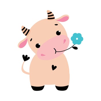 Cute Little Cow Eating Flower, Adorable Funny Farm Animal Cartoon Character Illustration vector