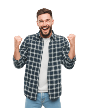 Excited man celebrating with raised fists isolated on transparent background png