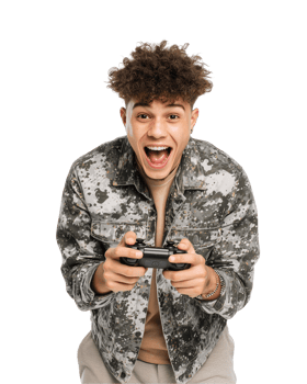 Excited young man playing game with controller isolated on transparent background png