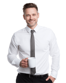 Smiling businessman holding coffee cup isolated on transparent background png