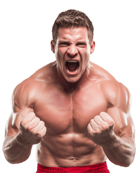 Muscular man shouting with fists clenched isolated on transparent background png