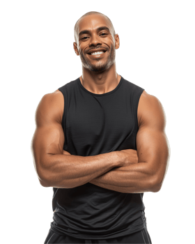 Smiling man in sleeveless shirt with arms crossed isolated on transparent background png