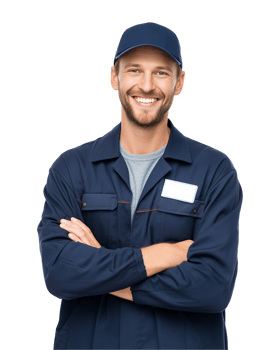 Male worker in uniform smiling with arms crossed isolated on transparent background png