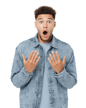 Astonished young man with hands raised in surprise isolated on transparent background png