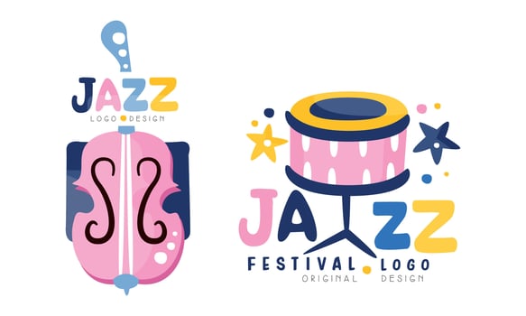 Jazz Festival Logo Design Templates Set, Live Concert, Musical Event Labels Cartoon Illustration vector