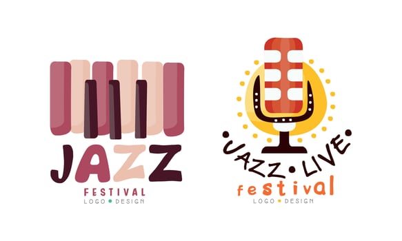Collection of Jazz Festival Logo Design, Live Concert Musical Event Colorful Labels Cartoon Illustration vector