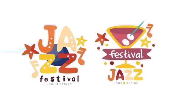 Jazz Festival Logo Design Set, Live Concert, Music Festival Colorful Badges Cartoon Illustration vector