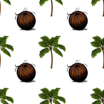 A seamless pattern featuring stylized coconut trees and coconuts. The design includes green palm leaves and brown coconuts against a white background, creating a tropical vibe. vector