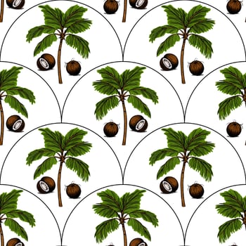 A seamless pattern featuring palm trees and coconuts on a white background. The palm trees are lush and green, while the coconuts are brown and round, creating a tropical vibe. vector