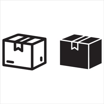 Two simple cardboard box graphics one outline one solid vector