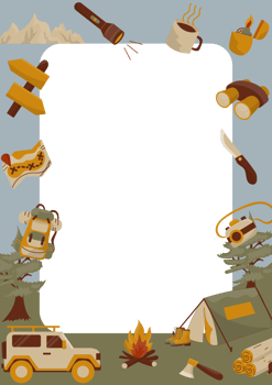 Camping paper frame, tent, bonfire with firewood transparent background png