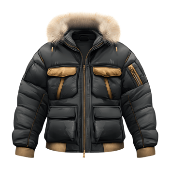 Stylish black puffer jacket with fur hood and zipper details isolated on transparent background png